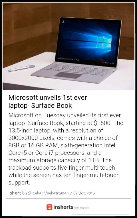 Microsoft unveils 1st ever laptop- Surface Book
goo.gl/ZI4K5p 
 -via inshorts