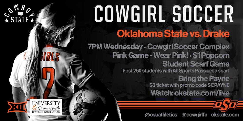 Don't miss out on <a href="/CowgirlFC/">OSU Cowgirl Soccer</a> tonight. The first 250 students get a FREE scarf. Game starts at 7PM! #okstate