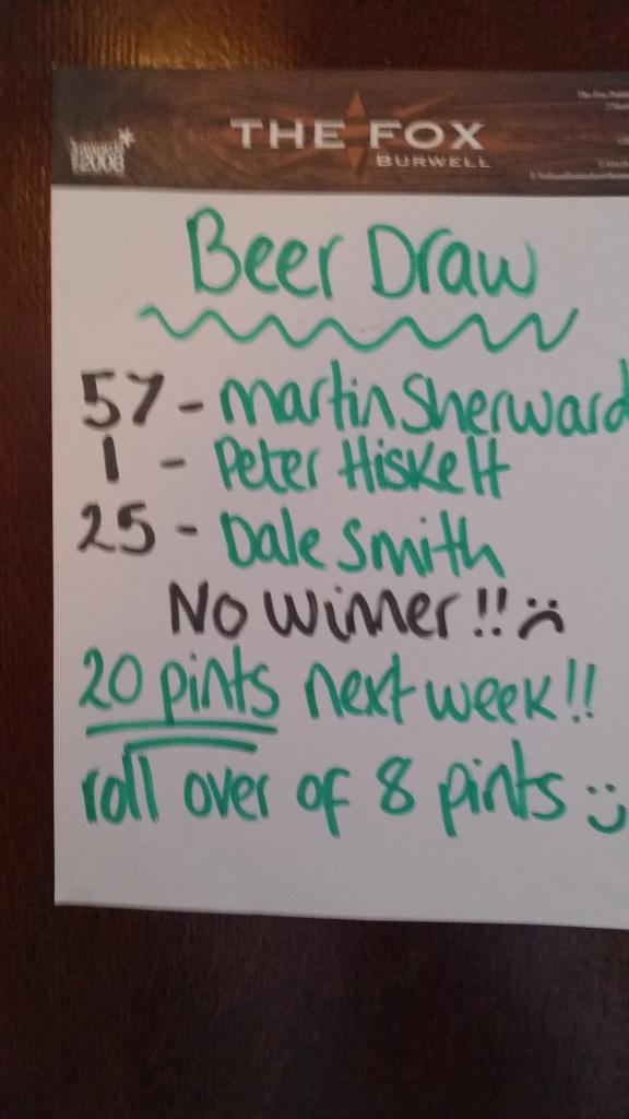 TheFoxBurwell's tweet photo. LAST NIGHTS BEER DRAW RESULTS - 20 PINTS AGAIN NEXT WEEK! - http://t.co/PRrQFjJmmY http://t.co/K1HaLAeobi