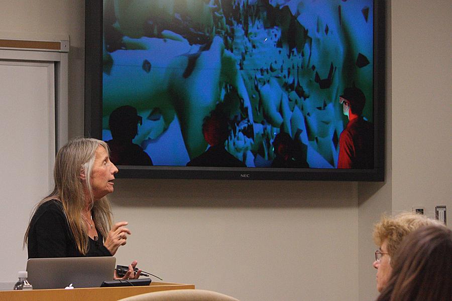 egolubUMD's tweet photo. JoAnn Kuchera-Morin at an #FIAumd event showing what it's like to be "Immersed in N-Dimensions" in her #AlloSphere http://t.co/KJHwg64GE3
