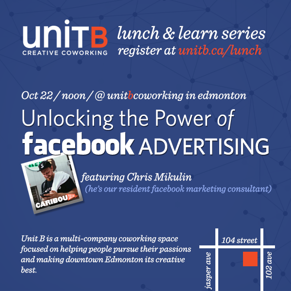 Lisa Hagen (@liser) on Twitter photo Come down to <a href="/UnitBCoworking/">Unit B Coworking</a> on Oct 22 for a Free Lunch and Learn on FB ads. Register at unitb.ca/lunch Come down to <a href="/UnitBCoworking/">Unit B Coworking</a> on Oct 22 for a Free Lunch and Learn on FB ads. Register at unitb.ca/lunch