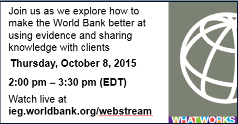 WorldBank_IEG's tweet photo. Do learning & evidence drive @WorldBank decisions?Live from #Lima2015 8 Oct http://t.co/DZ6AGC1qGZ #WBLearns #AM2015 http://t.co/fj1Oa3NjUm