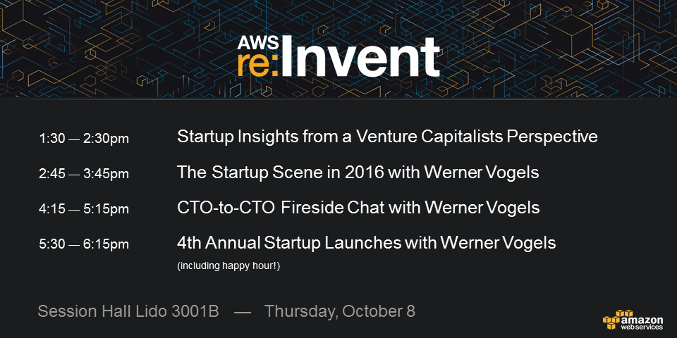 AWSstartups's tweet photo. Don't miss @Werner hosting three startup-focused sessions at #reInvent tomorrow afternoon: http://t.co/jcuyNo31l6 http://t.co/kIKGBfG3Z4