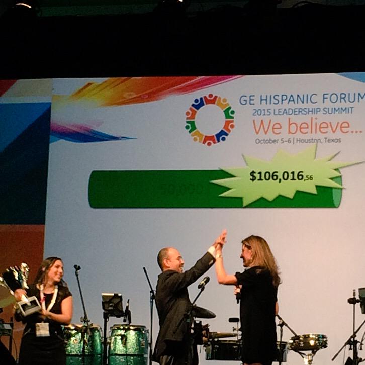 GEHFHouston's tweet photo. #GEHFSUMMIT #HSF Leaders @katiuskadorazio @MauriPalomino celebrate raising 2X the target @HSFNews @HispanicForumGE http://t.co/feferMU0R2