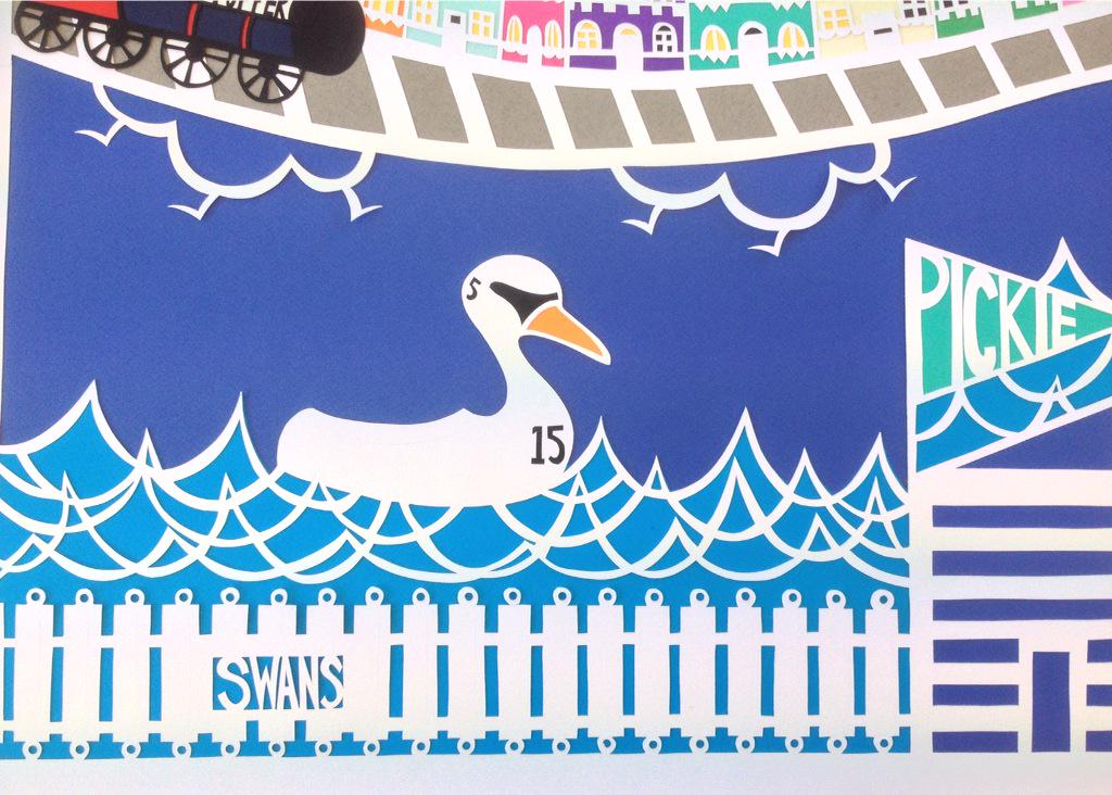 Paula_papercut's tweet photo. A0 original hand illustrated & handcut layered papercut. #seaside #pickie #swans #papercutart #illustration #collage http://t.co/s8rMRSGvyo