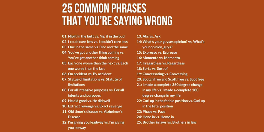 lingholic's tweet photo. 25 common phrases in #English that you're saying wrong: http://t.co/bLjCtSKvzI