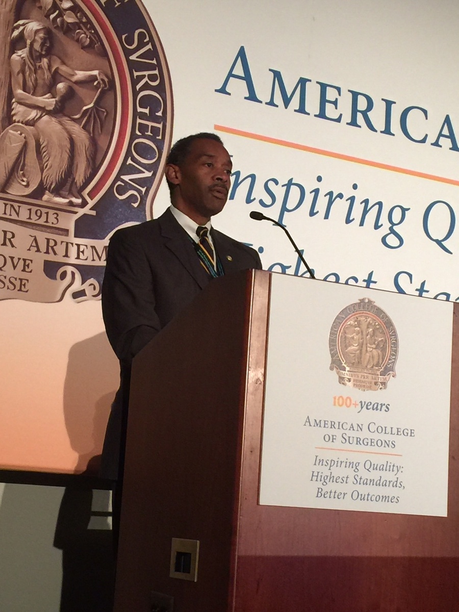 Dr. Woodson: partnership with <a href="/AmCollSurgeons/">American College of Surgeons</a> a shining example of how civ-mil partnerships can be fostered. #ACSCC15