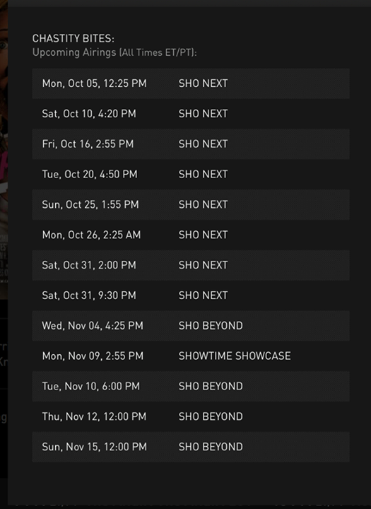ChastityBites's tweet image. Here's the schedule of #ChastityBites airings on @Showtime networks during the spooky season! #Halloween #horror