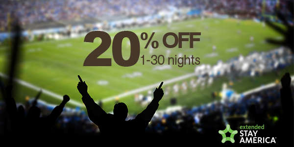 ExtendedStay's tweet image. Save 20% on your trip to the game when you book now with the code J5FB2. #TouchdownSavings bit.ly/1Lzq2oj