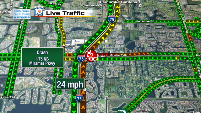 Crash on I-75 NB at Miramar Pkwy. Speeds at 24mph #traffic #miramar @JeniseFernandez http://t.co/m1To35FlHU