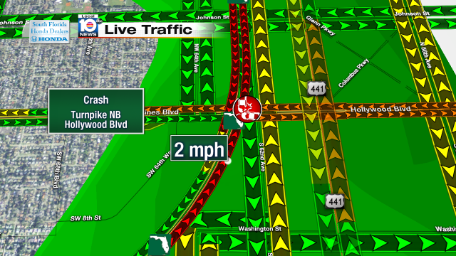 Crash on Turnpike NB at Hollywood Blvd. Speeds at 2mph #traffic #hollywood @JeniseFernandez http://t.co/jBguJgYMzP