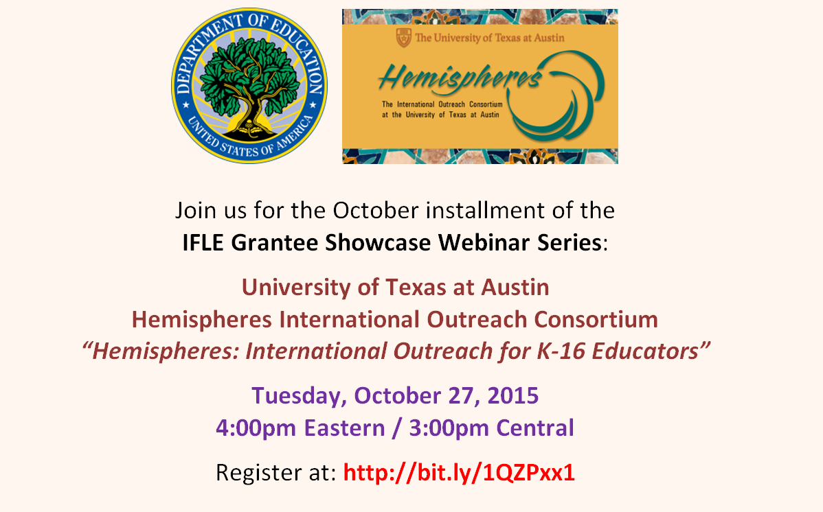 GoGlobalED's tweet photo. THIS AFTERNOON at 4pm: #IFLEGranteeShowcase feat. @LiberalArtsUT Hemispheres. Register at https://t.co/shkl2NcgzF https://t.co/fbUe8wg6MU