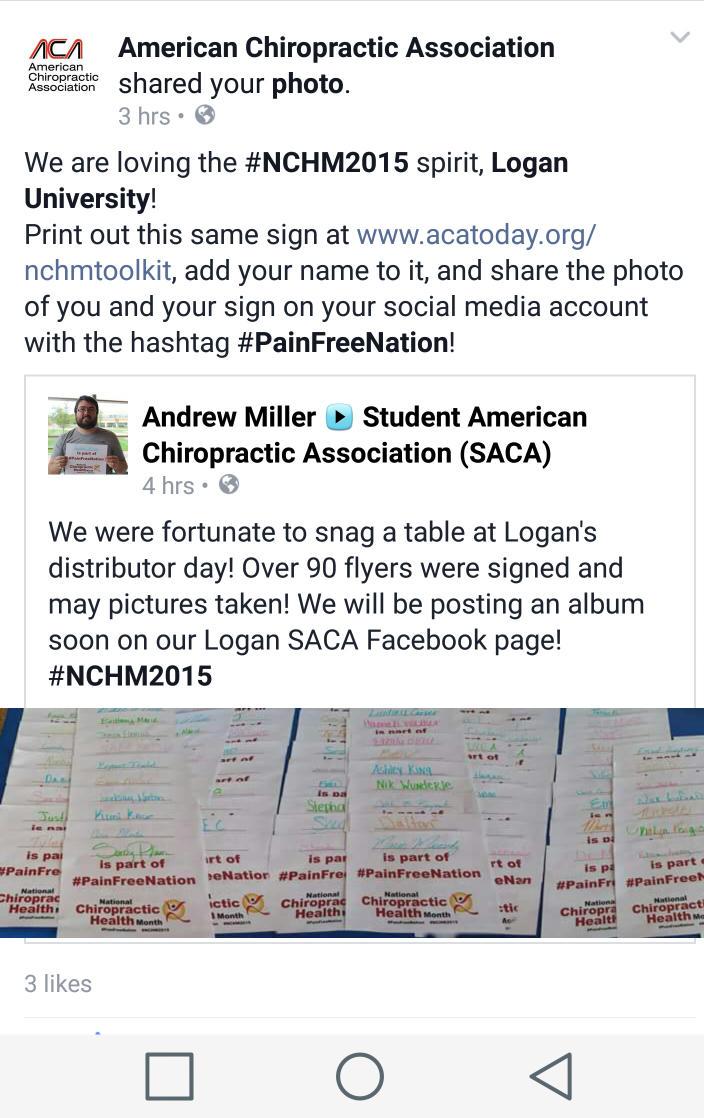 LoganSACA's tweet photo. Thanks for the shout out @ACAtoday 
#PainFreeNation #NCHM2015 http://t.co/nOwcEL47w4