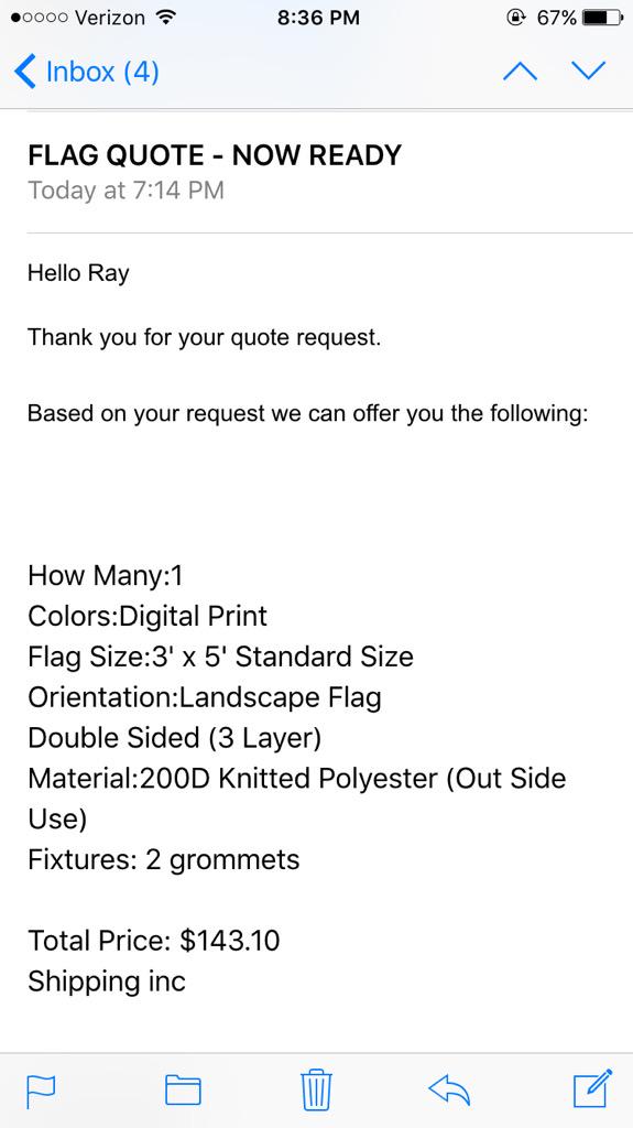 KenmoreYards's tweet photo. Hey Flag Makers LLC, you should be honored that we even let you give us a quote. How dare you try to charge us $143. http://t.co/QpSPbEeuqb