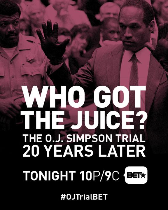 BET's tweet photo. RETWEET if you're watching "Who Got The Juice: The OJ Simpson Trial 20 Years Later"! #OJTrialBET http://t.co/i3lA1fRiwy