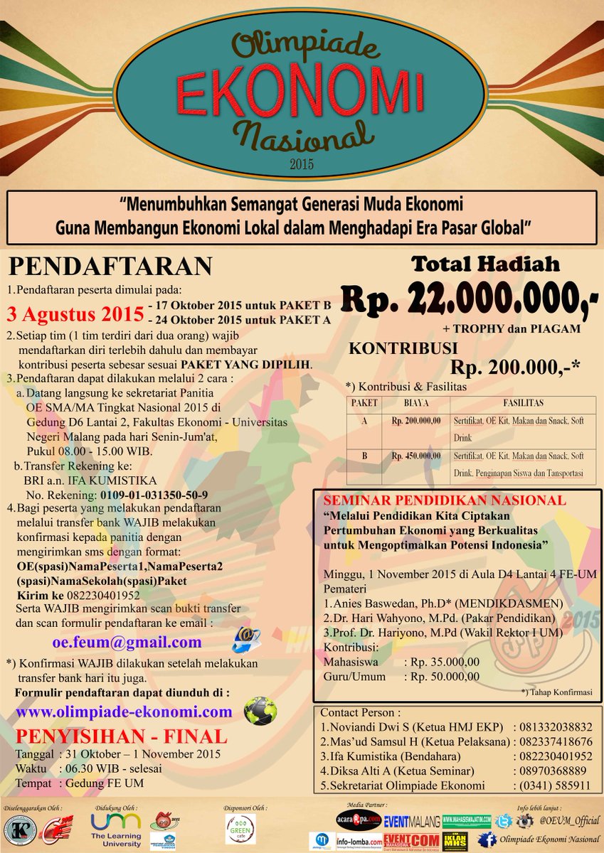 Olimpiade Ekonomi Nasional 2015 <a href="/OEUM_official/">Olimpiade Ekonomi</a> HMJ EKP FE UM, 31 Okt - 01 Nov 2015 | Cp.082337418676 <a href="/sman21bdg/">SMAN 21 BANDUNG</a>