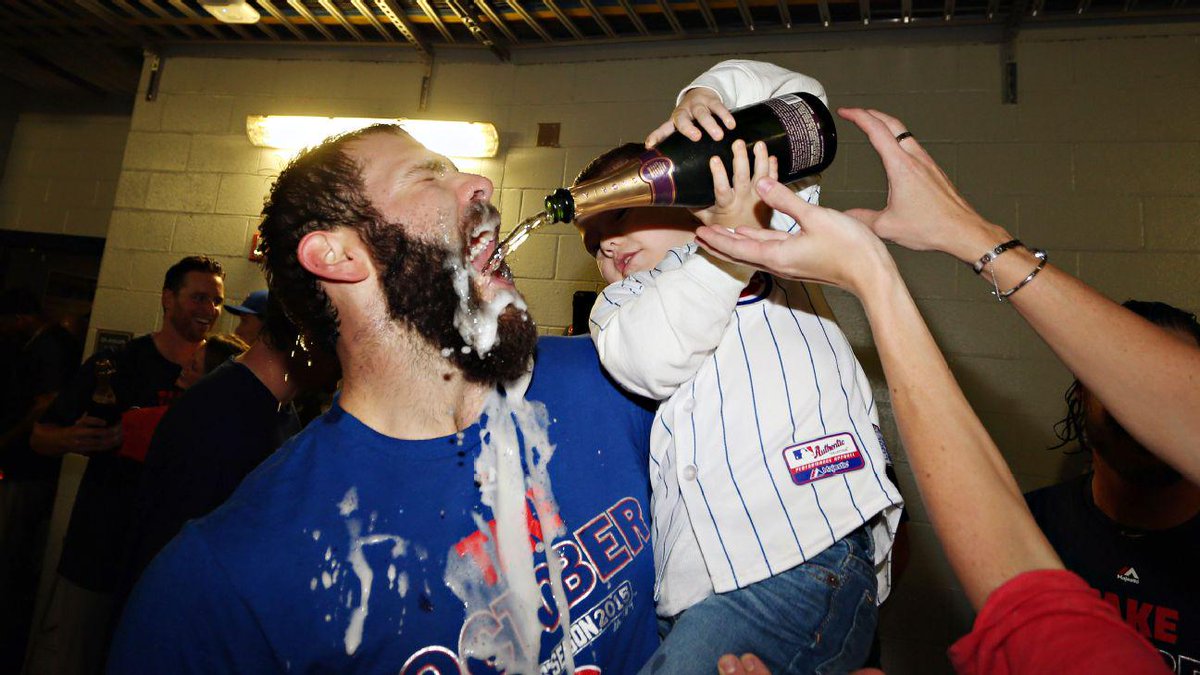 espn's tweet photo. When you become the first Cubs pitcher to throw a playoff shutout since 1945, you let your kid pour the champagne. http://t.co/N8wH7yJdG6