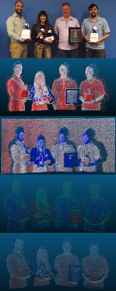 OcularRobotics's tweet photo. Rapid RE05 #3D #LiDAR region scan of @DrRafiei, @shara_evans, CEO Bishop &amp; @The_Biroboy holding a favorite #RobotEye http://t.co/uwAvSsbGUZ