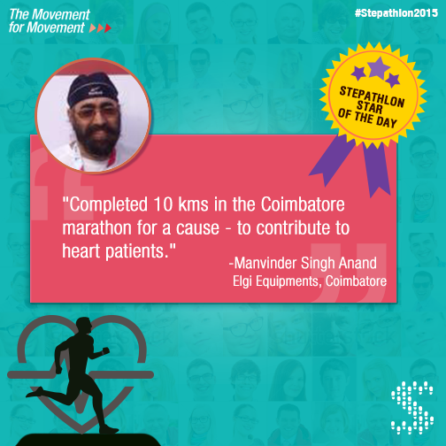 Stepathlon's tweet photo. A #Stepathlete whose feet are helping several hearts beat!We are proud of you,Manvinder Singh Anand,@elgiequipments http://t.co/nXTEOeX1qW