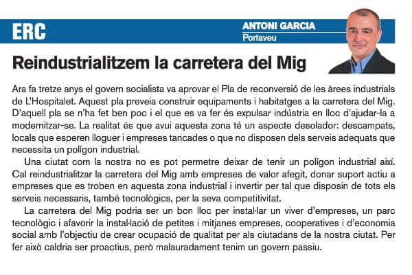 .@antonigarcia: 'Reindustrialitzem la carretera del Mig'. Ocupació de qualitat per als ciutadans #LHospitalet #NouLH