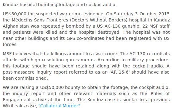 wikileaks's tweet image. ANNOUNCE: US$50,000 reward for #Kunduz Hospital bombing film wikileaks.org/pledge/#rd-9 @MSF_USA