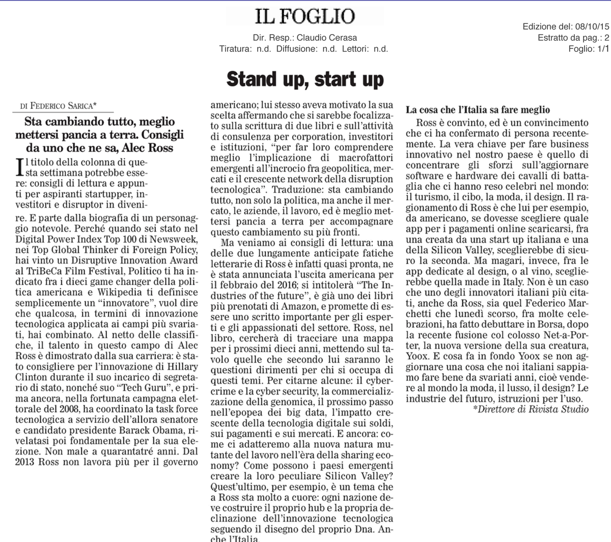 intemasrl's tweet photo. I consigli di @AlecJRoss  su quali settori fare #Startup in #Italia. Di @federicosarica  su @ilfoglio_it di oggi. http://t.co/lG7p5AW4fb