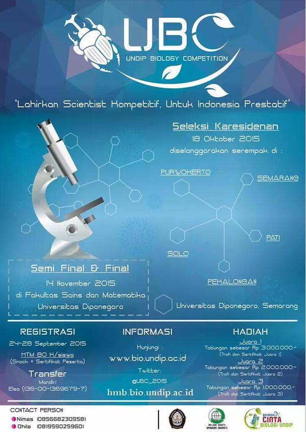 min bantu share yaa ada olimpiade nih Undip Biology Competition SMA se-Jateng. hadiah jutaan rupiah <a href="/InfoSemarangKu/">Info Semarng</a>