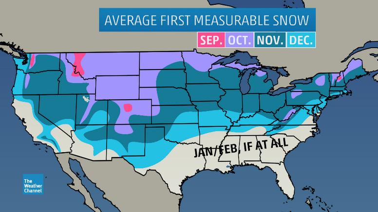 weatherchannel's tweet image. When the season's first accumulating #snow falls. Average &amp;amp; earliest dates for 70 cities. wxch.nl/1L1Sr2Y