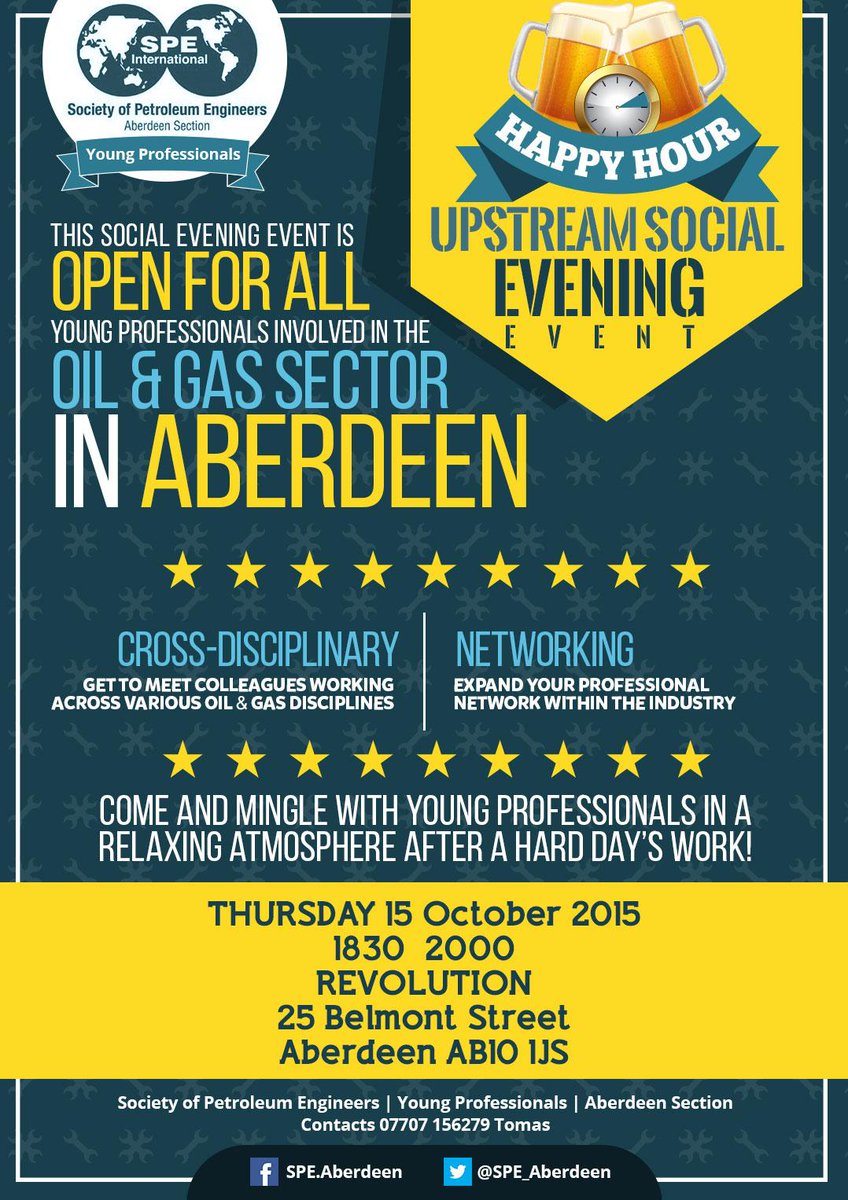 SPE_Aberdeen's tweet photo. Come along to the next young professionals upstream social evening on Thursday 15 October at Revolution! http://t.co/ArUXWEHPZo