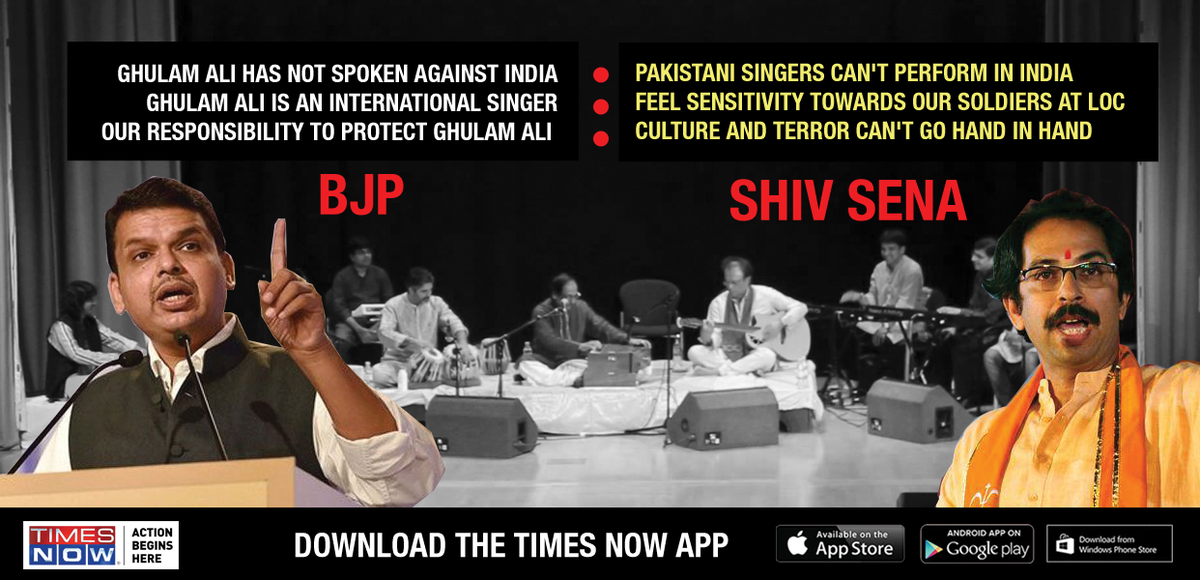 TimesNow's tweet image. BJP red-faced, Sena unfazed as
#GhulamGigCancelled. Debating tonight on @thenewshour: Is it Politics or Patriotism?