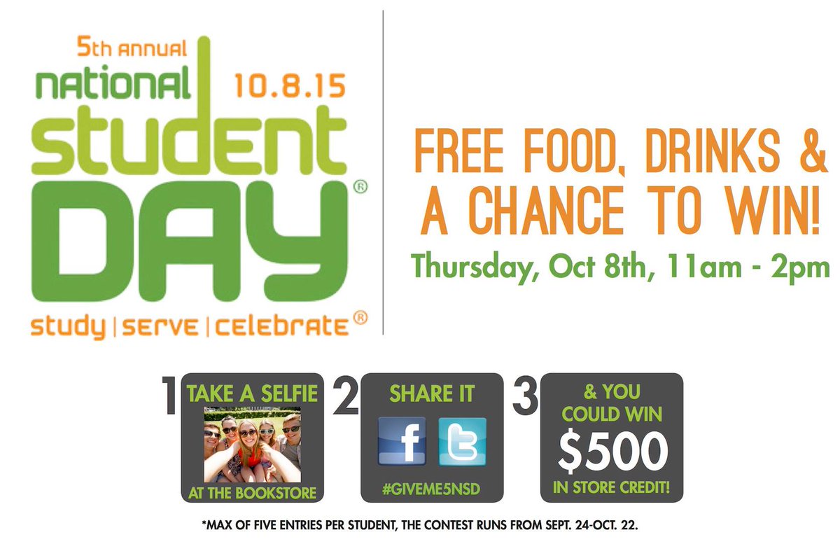 uofrbookstore's tweet photo. Happy National Student Day!  FREE FOOD, Games &amp; PRIZES! 11am-2pm
#UofR #UofRNSD
*Food, drinks &amp; prizes-while qty last http://t.co/uBGcZMYqEP