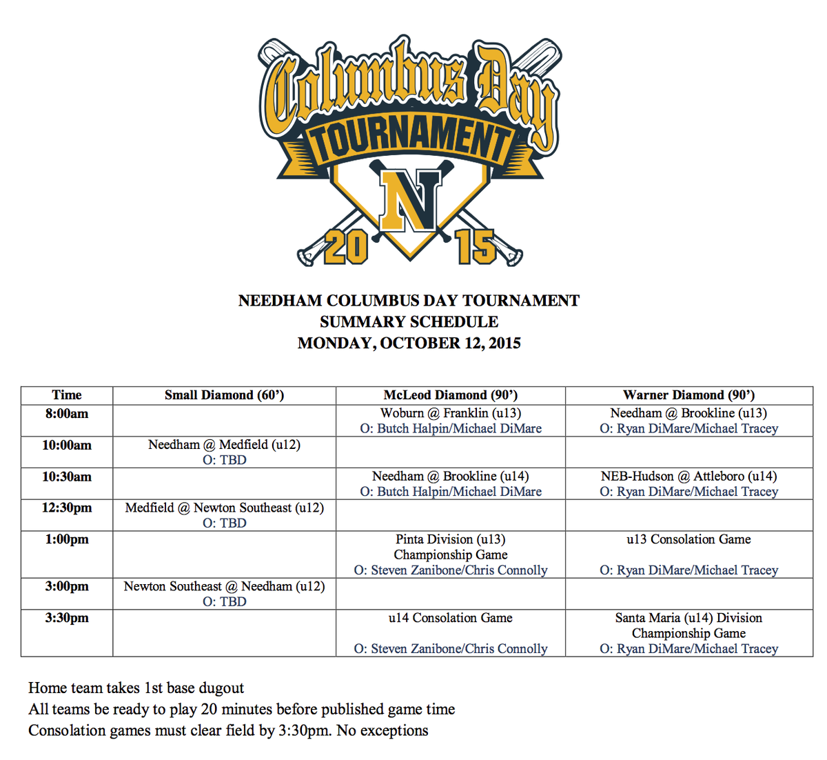 Needham is hosting its 2nd annual Columbus Day Baseball Tournament on Monday, October 12th at DeFazio Park