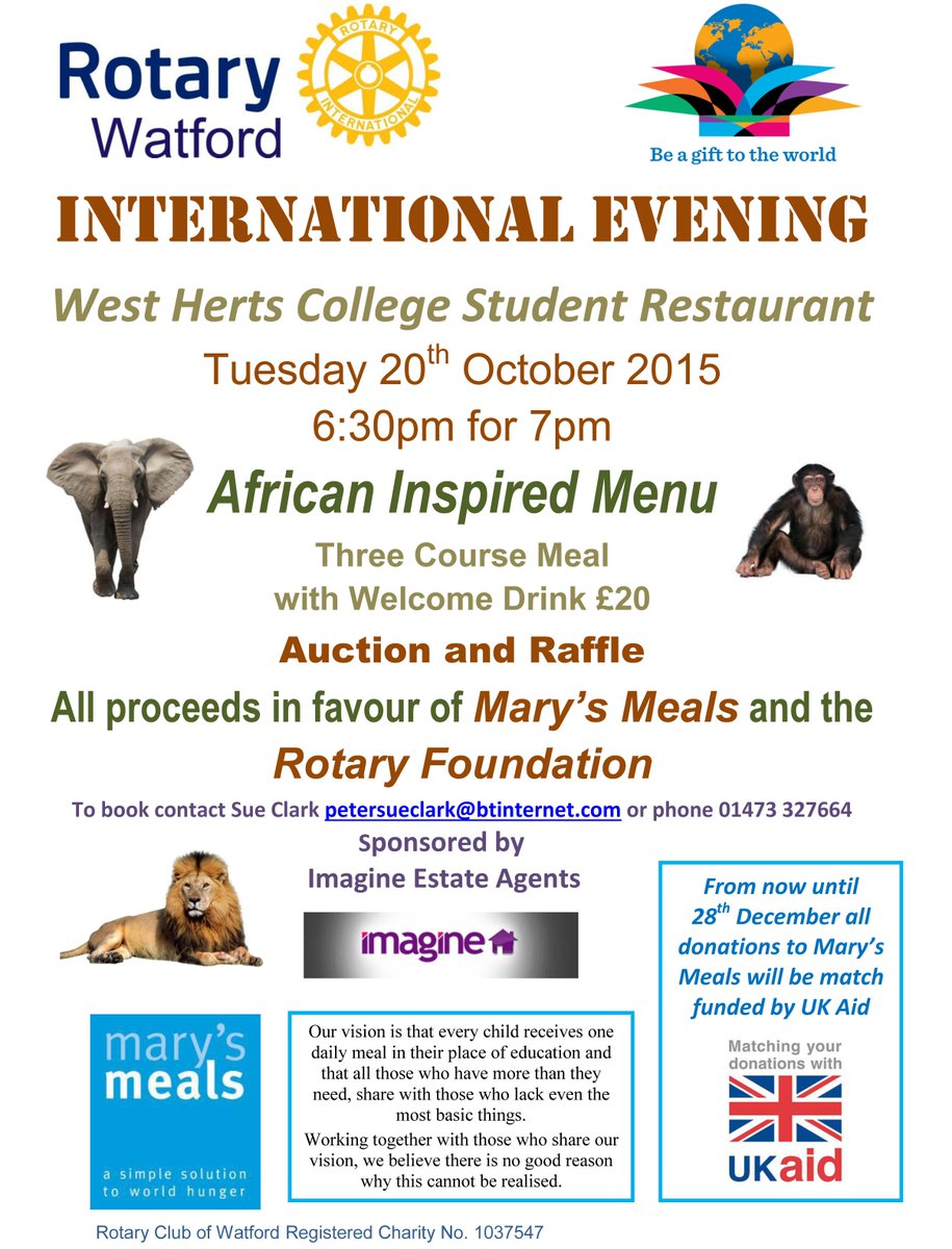 Next fund-raiser - match funded African Inspired Evening at West Herts College for #MarysMeals #Rotary
