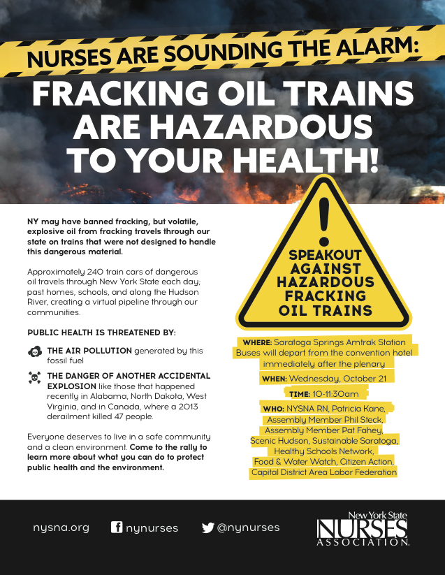 HudsonValleyALF's tweet photo. @nynurses is sounding the alarm on #FrackingOil #Trains It is hazardous to your #Health Join #NYSNA!! http://t.co/odGgnBkNuC
