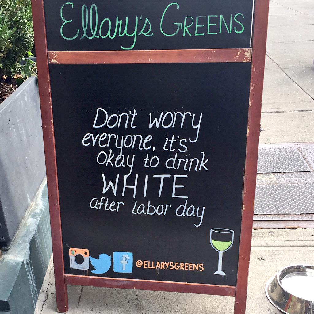 HelenRLittle's tweet photo. .@Ellarysgreens Love this! #whiteafterlaborday #wino #drunkity #nyc #white #streetsign #thevillage #wine #true http://t.co/sbVJ856tJ2