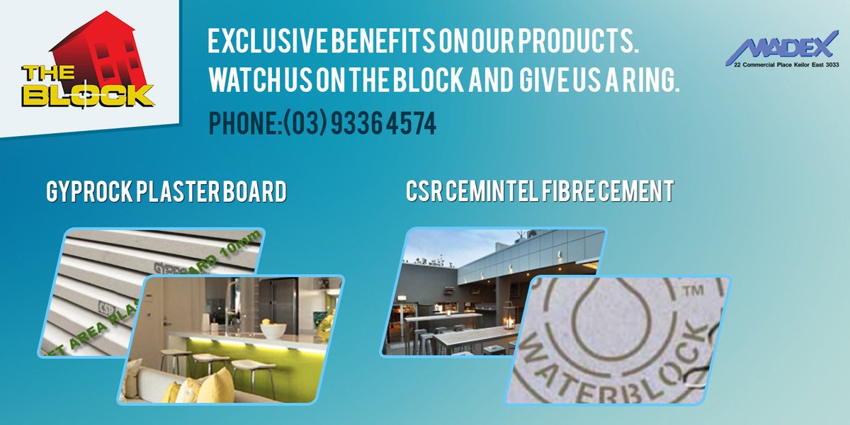 madexplaster's tweet photo. Enjoy the #TheBlock and get special pricing on #Cemintel #DesignerSeries and #Gyprock #Plasterboard - (03) 9336 4574 https://t.co/M7CIPtI5kU