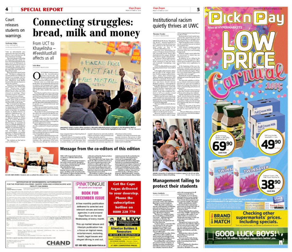 Today's Argus is different, co-edited by students and written from their perspective - by them. #FeesMustFall @iol