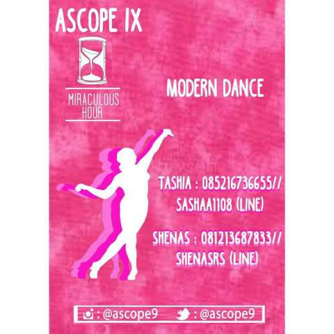 💃Modern Dance
Tashia:
0852-1673-6655
Sashaa1108 (line)

Shenas:
0812-1368-7833
Shenasrs (line)