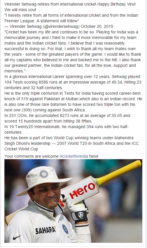 Virender Sehwag retires from international cricket.Happy Birthday Viru! We will miss you! 
 
