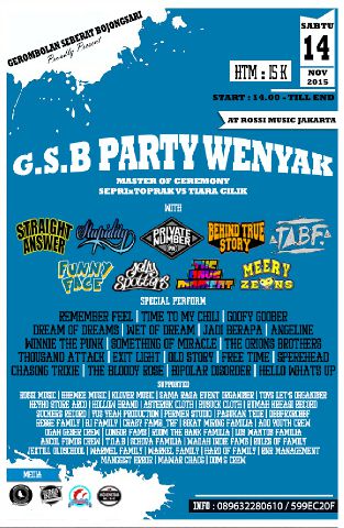 Ramaikannn , 14 november 2015 at rossi music fatmawati kita maen jam 20.00wib . Presale 10k htm 15k . Merapatttttttt