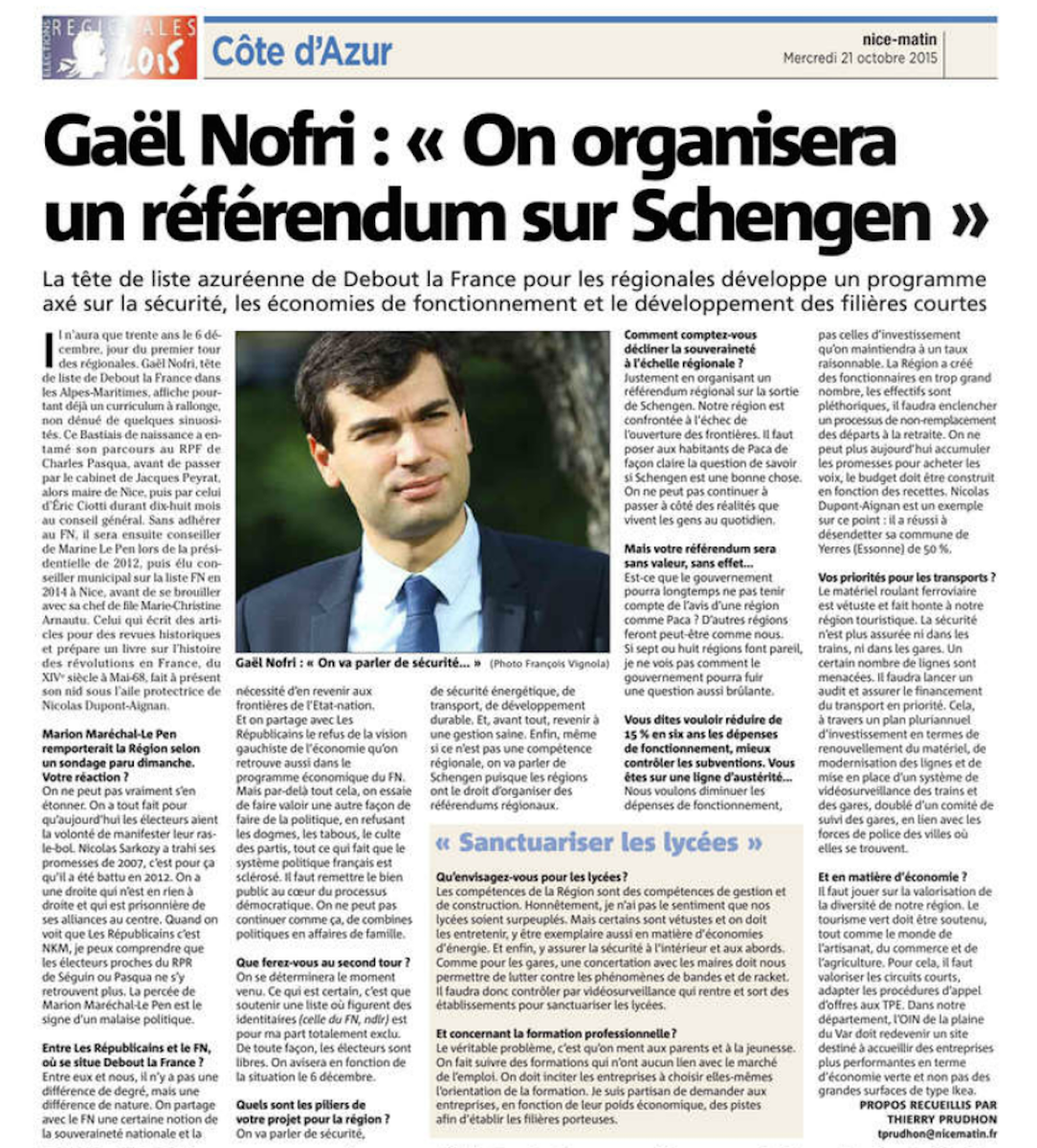 M99Natacha's tweet photo. #PACA #Régionales2015 #DLF06 Interview de Gaël NOFRI Nice-Matin 21 Octobre 2015 - Notre programme @DLF_Officiel https://t.co/9EKiq5yNal