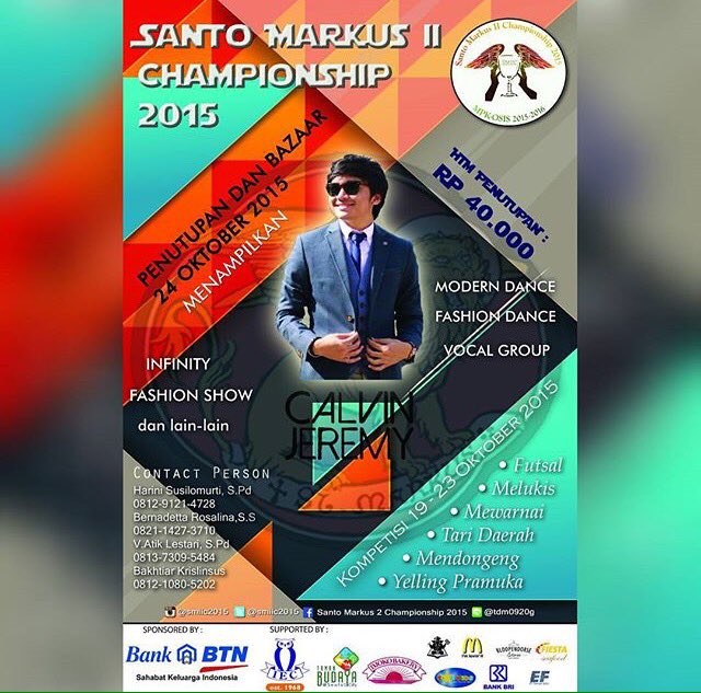 Hi Calvriends, <a href="/calvinjeremy/">Calvin Jeremy</a> akan perform di SMP Santo Markus II 24 Okt 2015 Jam 1 siang <a href="/smiic2015/">SMIIC2015</a>. See you!