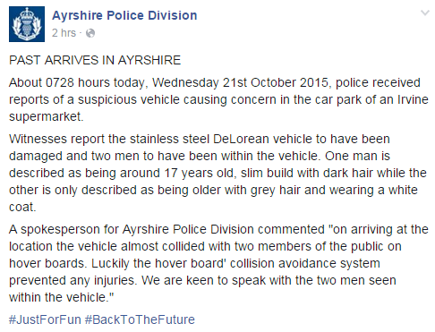 BBCScotlandNews's tweet photo. Great Scott! Ayrshire Police have an unusual crime report to mark #BackToTheFuture day https://t.co/qwtpU3GZhU https://t.co/H4Cu9fHaSj