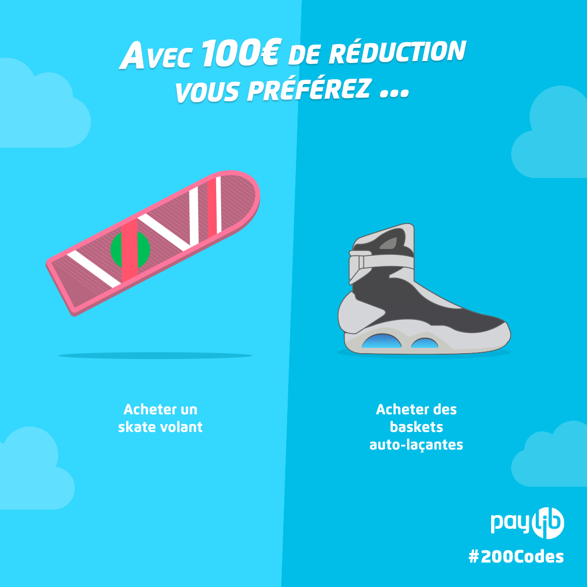 Hellobank_fr's tweet photo. Avec l'un des #200Codes de 100 €, vous seriez plutôt baskets auto-laçantes ou Hoverboard ? #BackToTheFutureDay https://t.co/WqWoTQnAqn