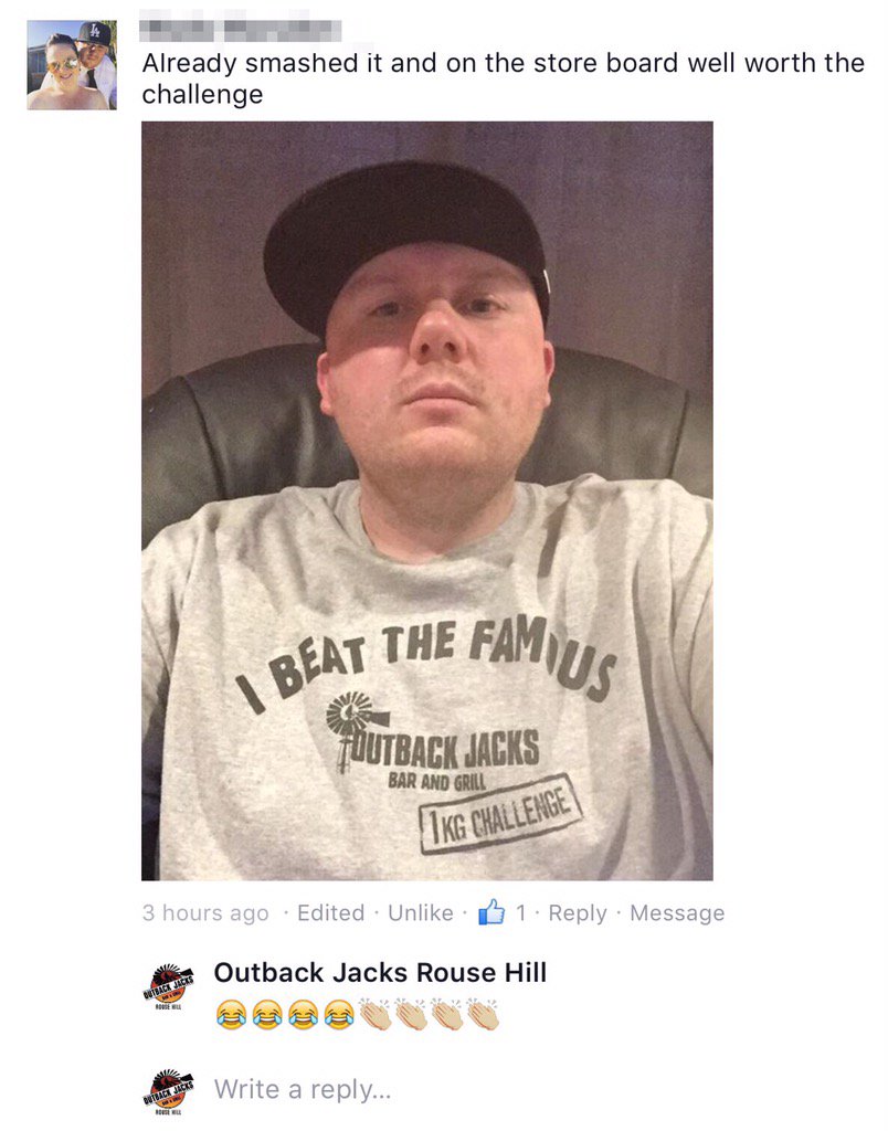 OutbackJacks's tweet image. Was tagged to take on the 1kg challenge. His return: selfie uploaded proudly wearing the t-shirt 👏🏼👏🏼 #playoftheday