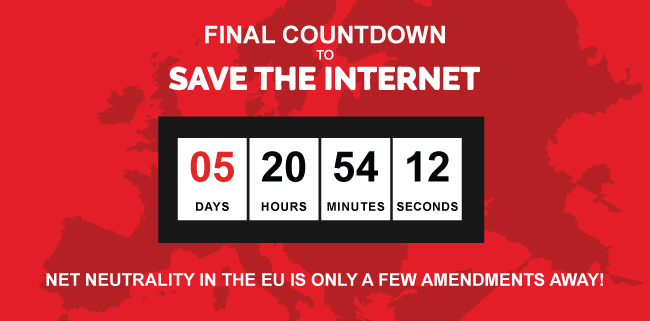 edri's tweet photo. The final countdown for #netneutrality in the EU has started. Contact MEPs! https://t.co/la4fzodrTW #SaveTheInternet https://t.co/JGGbRhvX2A