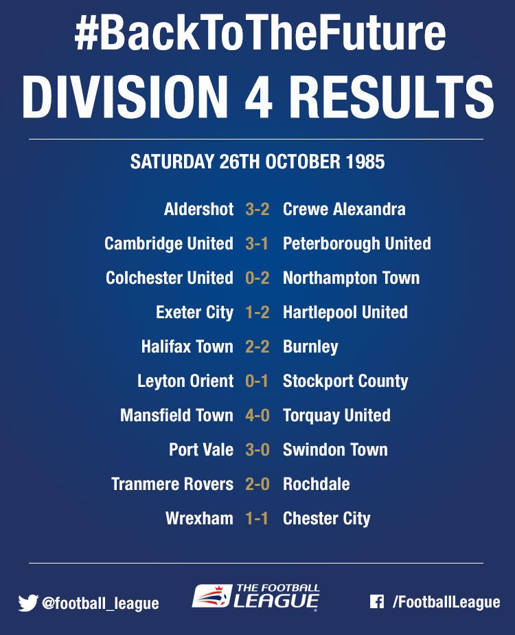EFL's tweet photo. #BackToTheFuture The Football League results from the day McFly hopped into his DeLorean... https://t.co/Y6dKK1rjSo https://t.co/pqI5DAXkVN