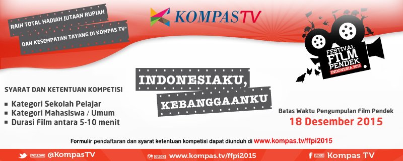 Tunjukkan kreativitasmu lewat film pendek. Yuk, ikutan FFPI 2015! <a href="/RuangFilmSMG/">RuangFilmSMG</a> <a href="/caturcinema/">Catur Cinema</a> <a href="/KineKlubUMM/">txt dari ukm sinematografi</a> <a href="/129kine/">12,9 AJ Kine Klub</a>