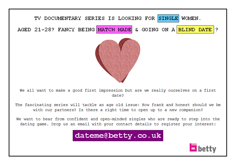 TVDates's tweet photo. @BeaHadj12 Hi! TV show looking for single creative ladies from Kent. Interested? Pls email: dateme@betty.co.uk https://t.co/7ZcQT2KIhR
