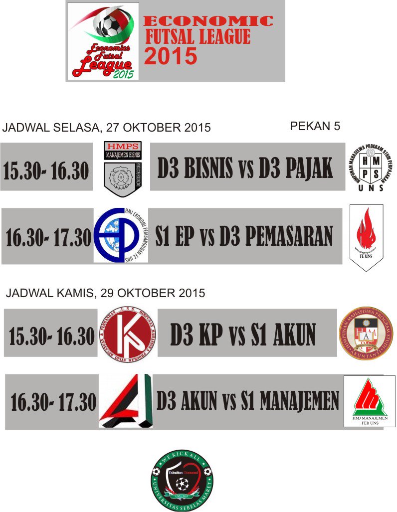 JAWDAL PERTANDINGAN PEKAN 5 EFL 2015
#EFL2015 #WEKICKALL
<a href="/HmpsMB_UNS/">HmpsMB UNS Official©</a> @HmjmUNS <a href="/HmpsPajakUNS/">Perpajakan UNS</a> <a href="/HmpsAk_UNS/">HMPS Akuntansi UNS</a>